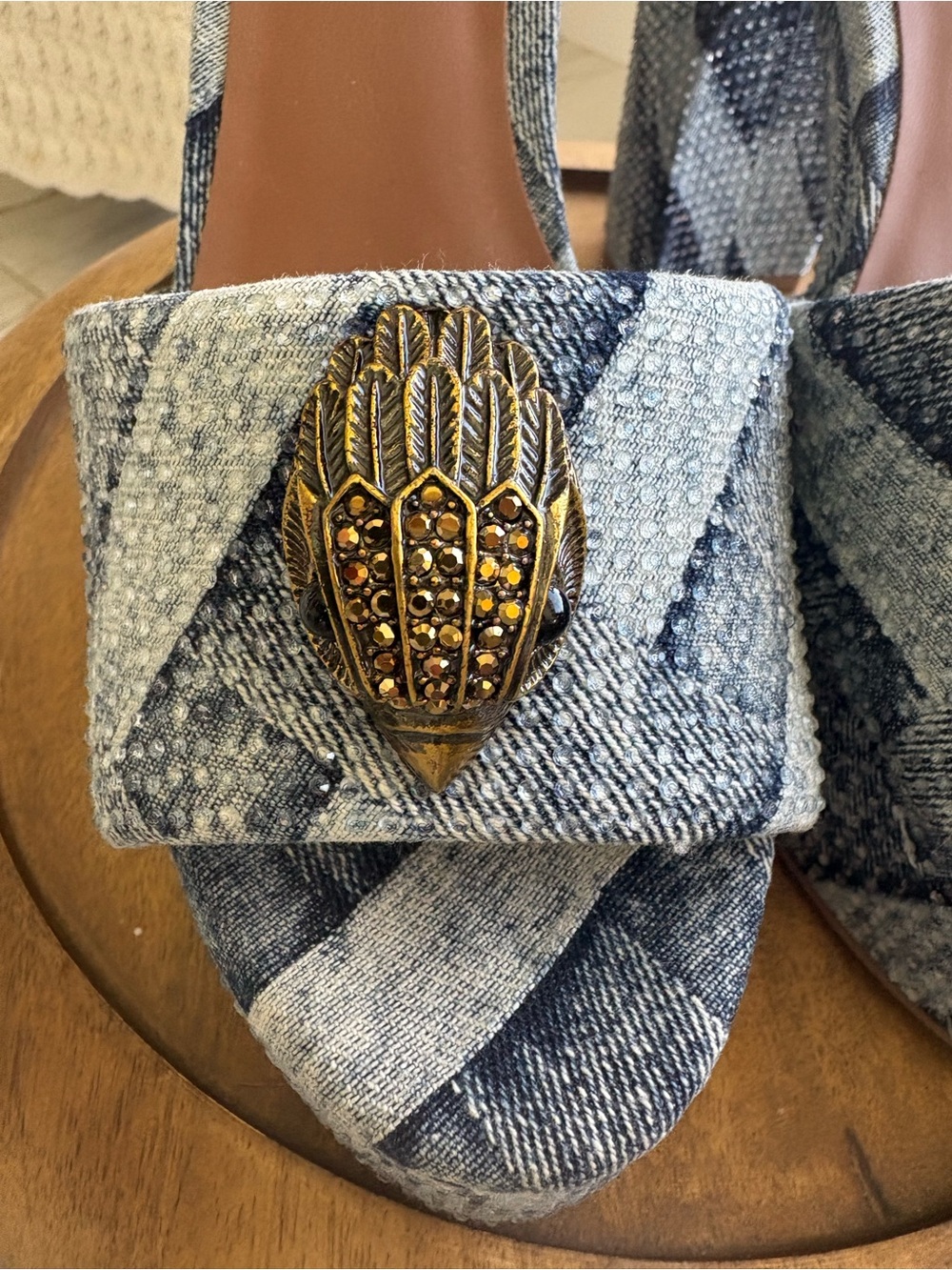 NEW Kurt Geiger Kensington Blue Denim Tall Platform Sandals Gold Bird shoes sz 8 - Picture 10 of 14